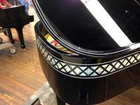 DETAIL- Hand painted Pinstriping, framing the Mother of Pearl inlays on the Steinway piano