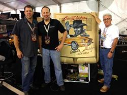 Pep Boys Assistant VP of Visual Presentations & National SHerwin Williams Automotive paint rep.,  pose with Gary & completed airbrushed hood.