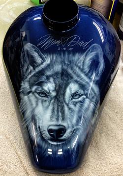 Its not a Motorcycle tank. It's an urn at only 10 inches long. Airbrushed, blue pearl & clear coated with absolutely no orange peel....Original art by Russian artist Alina Tarasenko.