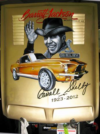 Airbrushed Carroll Shelby portrait on a 1968 Shelby Mustang hood