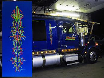 Gary lettered & pinstriped the car carrier last year.  Now the owner wanted a PINSTRIPED PANEL to match for his house.