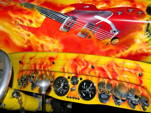  1932 Supercharged Chevy with a Flaming Guitar & Skulls are Airbrushed on the Dash & Chassis Rails